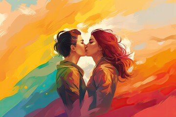 Lesbian couple kissing on LGBT flag background, Pride day illustration, Generated by AI