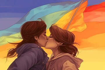 Lesbian couple kissing on LGBT flag background, Pride day illustration, Generated by AI