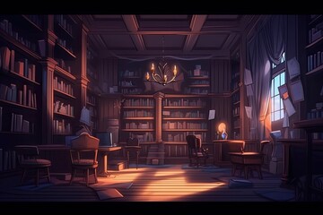 Library 2D mobile game background, rpg environment, classic library background, Generated by AI