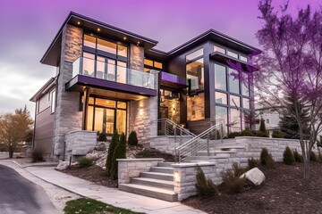 Modern Home with Two-Car Garage and Striking Purple Siding Featuring a Natural Stone Staircase, generative AI