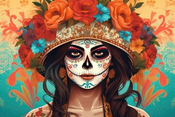 Mexican girl portrait wearing carnival mask of the day of the dead, day of the dead makeup, Generated by AI