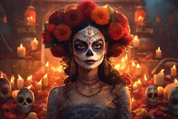 Mexican girl portrait wearing carnival mask of the day of the dead, day of the dead makeup, Generated by AI