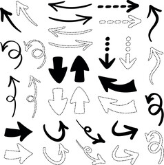Hand drawn black arrows set. Various shape simple and dotted arrows. Doodle design