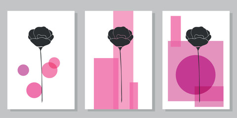 Set of creative minimalist posters with botanical elements and pink shapes. For interior decoration, print and design