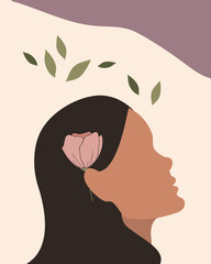 Abstract female profile with flower. Hand drawn female face silhouette with a pink flower in her hair. Minimal design. Vector art