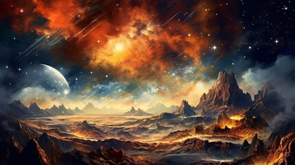 Fototapeta na wymiar An enchanting 3D render of a celestial landscape. Swirling clouds of golden dust and shimmering stars in the background. Generative AI. 