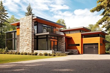 Contemporary Layout in a Minimalist New Build Home with Natural Stone Walls and Two-Car Garage Featuring Vibrant Orange Siding, generative AI