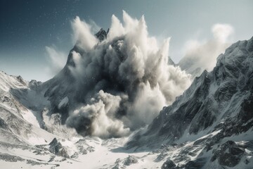 Illustration depicting a mountain avalanche with a cloud of snow dust. Generative AI