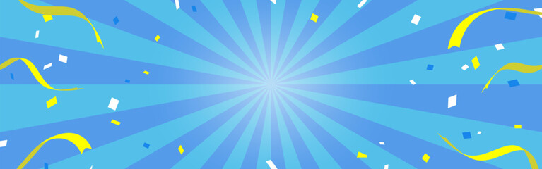 リボンや紙吹雪が舞うサンバーストの背景イラスト（水色、横長）
