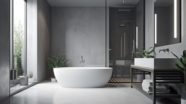 Modern bathroom decor featuring gray and white walls, a concrete floor, a glass walled shower enclosure, a white bathtub, and a towel and bottle topped vanity-enhance