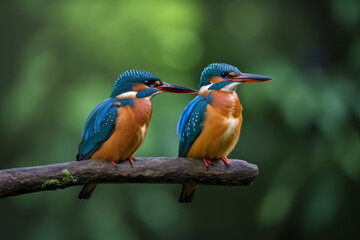 Kingfishers on a branch, blurred natural background, Generative ai
