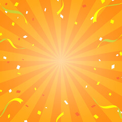 Obraz premium リボンや紙吹雪が舞うサンバーストの背景イラスト（オレンジ色、正方形）