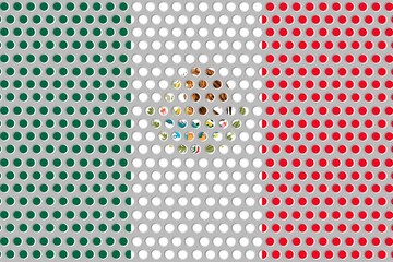 Illustration of the flag of Mexico behind a metal fence with circular details.