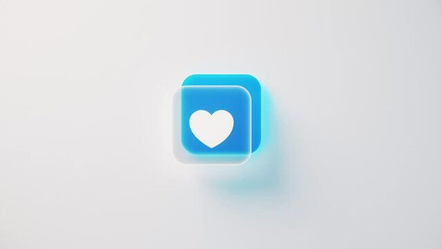 Animation of a heart icon appearing on a blue square isolated on a white background