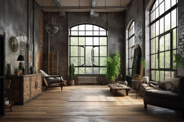 Living room interior in loft industrial style, Generative ai