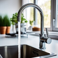 Kitchen water mixer. Water tap made of chrome material, Generative AI