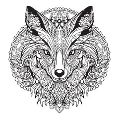 A fox with floral pattern complex coloring book page for adults.