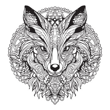 A fox with floral pattern complex coloring book page for adults.