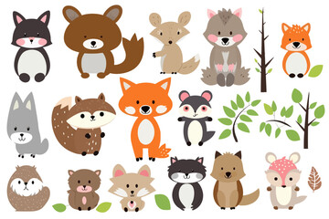 Obraz na płótnie Canvas Woodland animal clipart collection, cute and colorful vector illustration