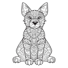 A cute sitting mandala dog line art coloring page design.