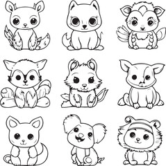 A set of cute animal line art coloring book pages for kids.