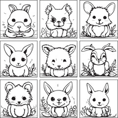 A black and white drawing of bunnies in a set line art coloring book page.