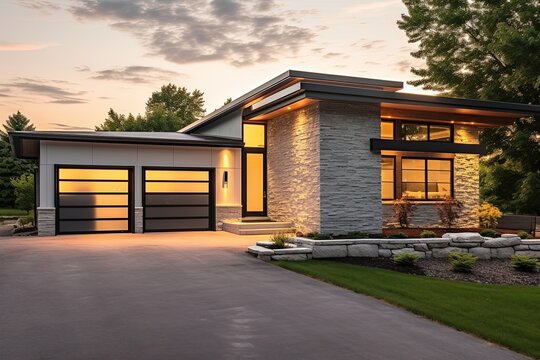 Contemporary Layout and Natural Stone Walls: A Minimalist New Build Home with Green Siding and Two-Car Garage, generative AI