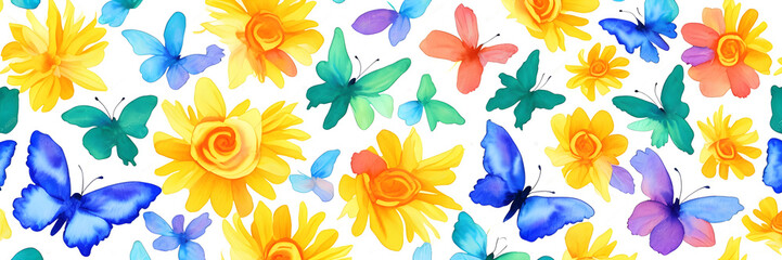Watercolor drawing of flowers and butterflies, bright background, ai generated