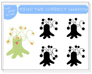 Find the right shadow, an educational game for kids, cartoon monsters, aliens in a flying saucer. Vector illustration