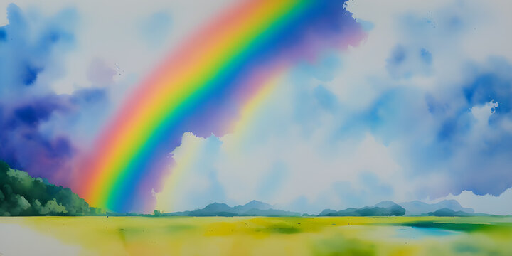Watercolor drawing of a summer landscape with a rainbow, ai generated
