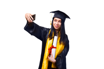 smiling graduate woman makes selfie photo on phone isolated on transparent background, concept of successful completion of studies