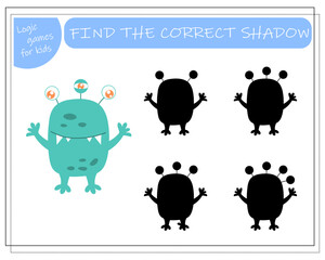 Find the right shadow, an educational game for kids, cartoon monsters, aliens in a flying saucer. Vector illustration