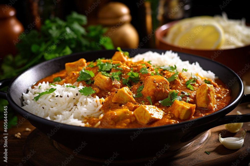 Canvas Prints indian chicken curry recipe served in a black plate. ai generated