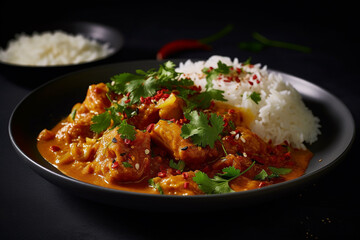 Fototapeta na wymiar Indian chicken curry recipe served in a black plate. Ai generated