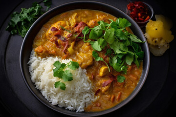 Indian chicken curry recipe served in a black plate. Ai generated