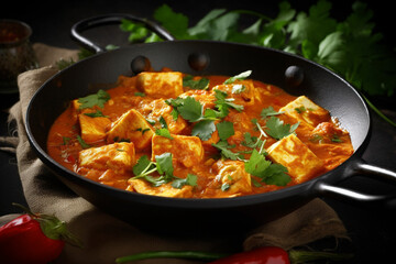 Indian chicken curry recipe served in a black plate. Ai generated