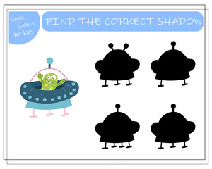 Find the right shadow, an educational game for kids, cartoon monsters, aliens in a flying saucer. Vector illustration