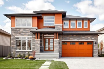 Cutting-Edge Features in a Progressive Brand New House with Orange Siding and Natural Stone Cladding, plus a Single Car Garage, generative AI