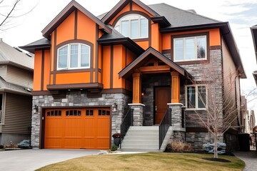 Cutting-Edge Features in a Progressive Brand New House with Natural Stone Cladding and Orange Siding Including a Single Car Garage, generative AI