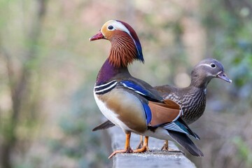 Closeup of two mandarin ducks facing the opposite directions standing on the same board