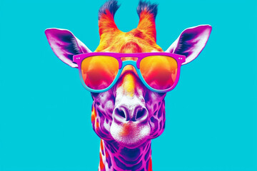 Stylish giraffe wearing a pair of trendy sunglasses. With its bold colors and playful vibes, this artwork radiates a sense of fun. Ai generated