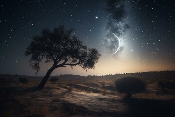 Obraz na płótnie Canvas A crescent moon and stars illuminate a nighttime landscape. Generative AI