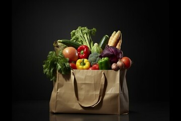 Front view of paper shopping bag filled with fresh produce. Generative AI