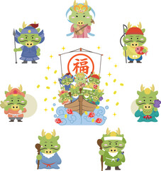 Obraz premium 宝船に乗っている龍の七福神たち