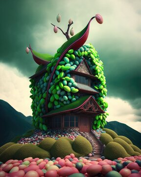 3d render of cartoon style bean land house edmame 