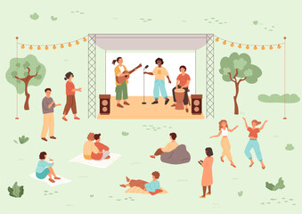 Band playing on stage in summer park. People relax on plaids, listen to music, girls dance. Rock festival, outdoor leisure weekend. Vector illustration. Trees and light bulbs.