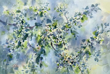 Apple tree branches flowering watercolor background. Spring illustration - 605645776