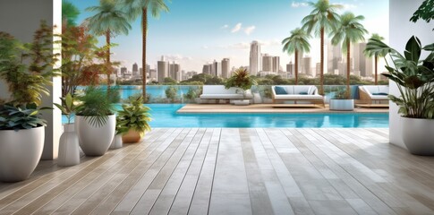 Swimming pool with palm trees and terrace 3D render, generative Ai