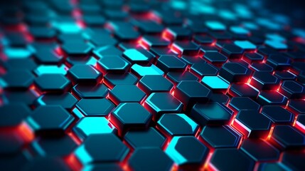 Obraz premium 3D rendering of abstract background with hexagons in blue and red colors, generative Ai