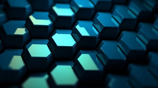 Abstract 3D rendering of blue hexagons background. High resolution image, generative Ai